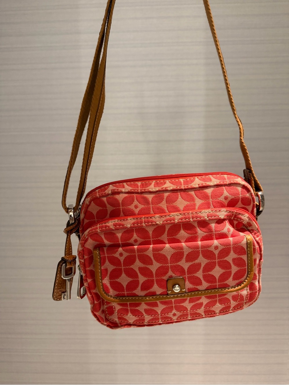 FOSSIL Leather & Canvas Crossbody Bag With Key Hangtag